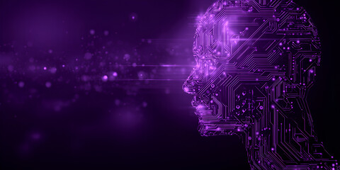 Digital head silhouette with glowing purple circuit pattern and data beam