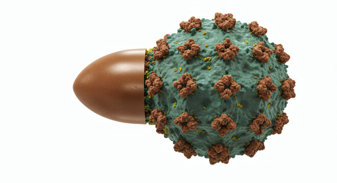 Abstract illustration of a medical capsule merging with a viral particle, symbolizing scientific advancements in treatment, vaccine development, and the fight against infectious diseases - Powered by Adobe