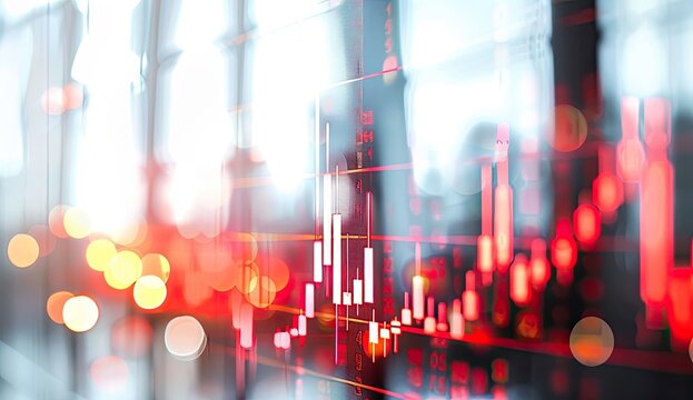 Abstract image of a stock market display with red and white bar charts and numerical data superimposed on a blurred city background at night