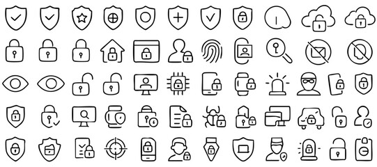 Minimalist 50 Security Line Icons Set – Editable Stroke Thin Linear Symbols for Cybersecurity, Data Protection, Surveillance, and Access Control in Modern UI and Infographic Design