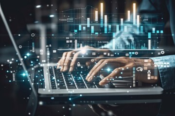 Person's hands typing on a laptop with glowing digital data visualizations overlaid, suggesting data analysis or financial trading