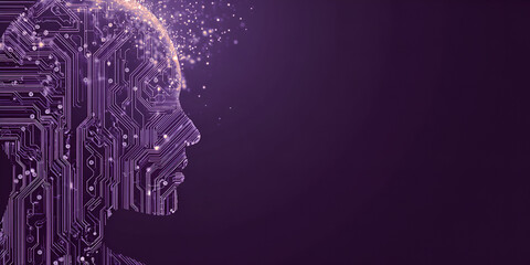 Digital human head in purple with glowing sparks and circuit pattern