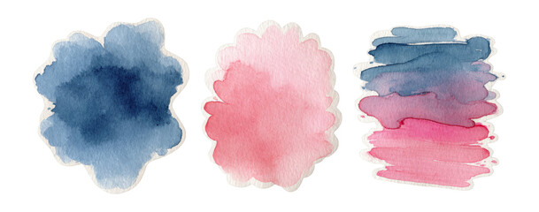 Abstract Watercolor Blots in Shades of Blue and Pink on Transparent Background