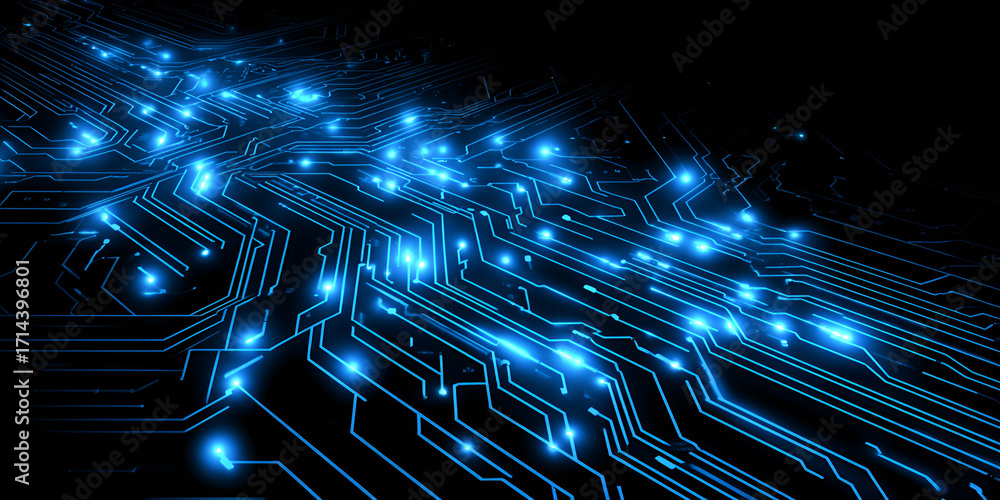 Poster Diagonal circuit board with glowing blue data streams on dark background