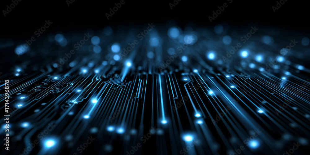 Poster abstract digital circuit board with glowing blue lines in depth perspective