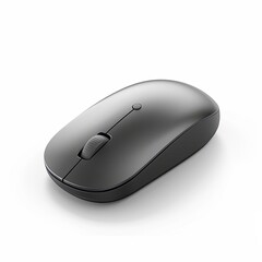 Sleek, dark-grey wireless computer mouse, subtly curved, shown at a slight angle against a white backdrop.  Features a single button and a scroll wheel