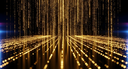 Golden light streams down like rain in a futuristic digital landscape with glowing particles and shiny surfaces