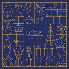 Merry Christmas art deco banner, card, box, frame, cover, decoration. Thin line luxury elegant boxes with cute christmas tree, bauble, ball, toy, gift, snowman