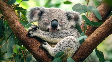Fototapeta premium A koala peacefully sleeping in the branches of a eucalyptus tree.
