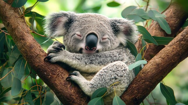 A koala peacefully sleeping in the branches of a eucalyptus tree.
