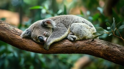 Obraz premium A koala peacefully sleeping in the branches of a eucalyptus tree.
