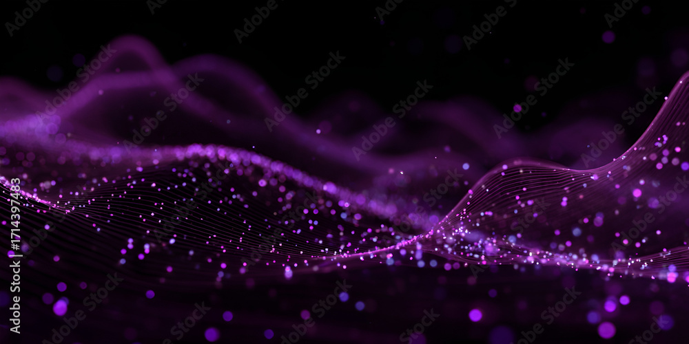 Poster dynamic glowing wave made of particles in dark purple abstract space