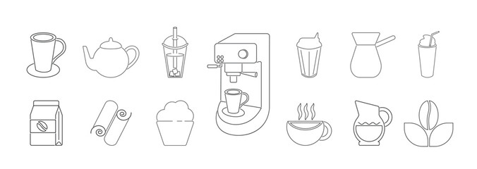 Coffee icons. Geometric coffee and tea pattern in minimalist style. Abstract print background with simple shapes for coffee shop, food packaging, cafe wall, menu.