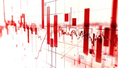 Abstract red financial data visualization showing candlestick charts and line graphs, suggesting market trends and volatility