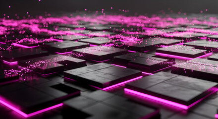 Dynamic blockchain technology background showing secure data transfer with vibrant pink glowing nodes and grid