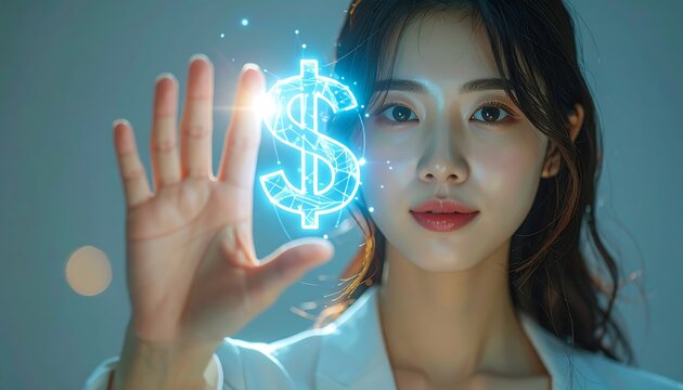 Businesswoman hand touching glowing hologram dollar sign in digital space