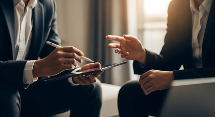 Two professionals in suits discussing and collaborating on a project at a table