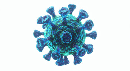 Detailed 3D microscopic illustration of a generic coronavirus cell, showcasing the infectious pathogen's structure with spike proteins on a white background