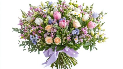 A large bouquet of spring flowers, including pastel-colored blooms, arranged in an elegant ribbon-tied arrangement.