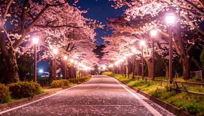 Illuminated cherry blossom-lined avenue at night