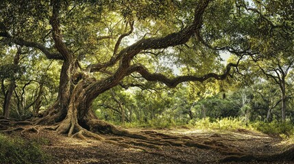 Obraz premium A large, ancient tree with a wide canopy of green leaves and a winding root system visible on the forest floor.