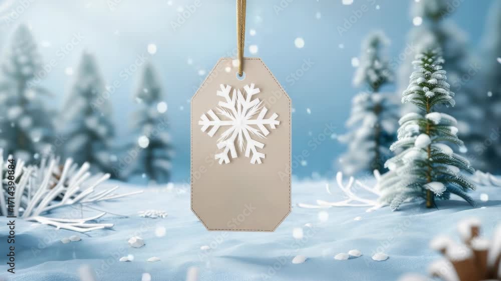 Aufkleber a tag with a snowflake on it is hanging from a tree. the tag is brown and white