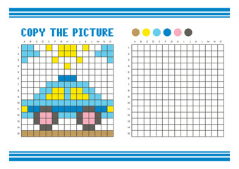 Copy the picture grid drawing worksheet for kids. Pixel art taxi