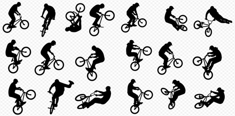 Collection of black silhouettes depicting BMX riders performing various freestyle tricks and dynamic stunts on their bicycles.