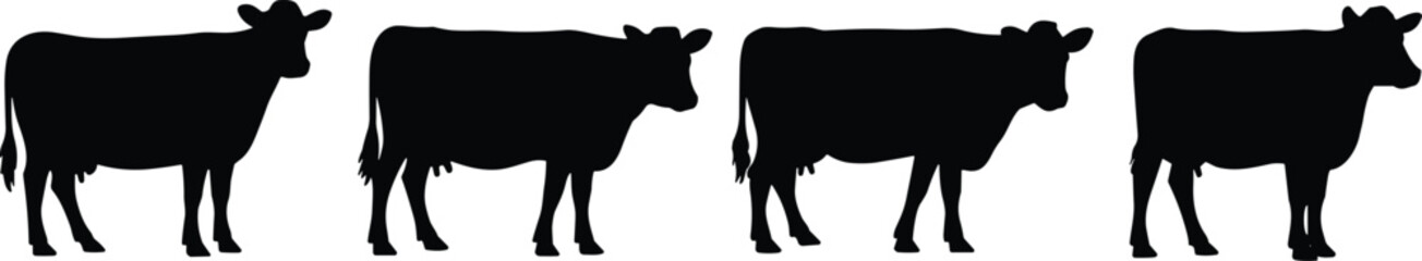 Silhouette illustration of four standing cows in a row, isolated on white background, perfect for agriculture, farming, livestock, dairy, and countryside design concepts