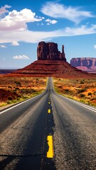 Open road leading to a butte under a vibrant sky