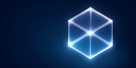Futuristic glowing wireframe cube on dark blue digital background