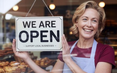 Smiling business owner welcomes customers with an open sign, supporting local shops and community