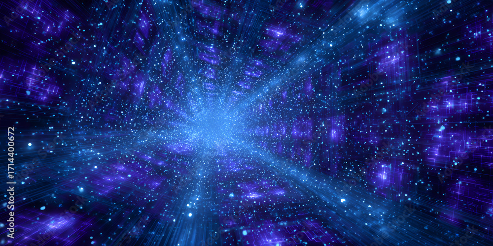 Poster glowing digital star tunnel explosion with bright particles and depth effect