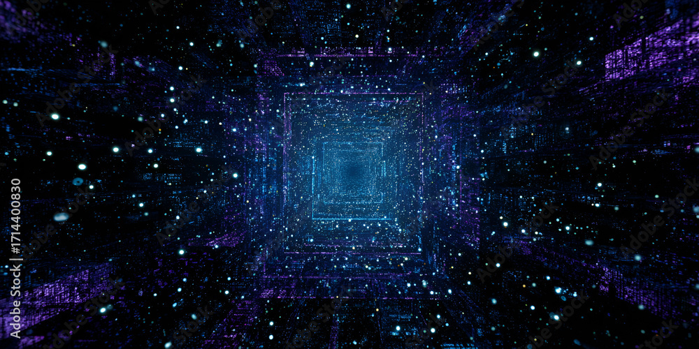 Poster endless futuristic digital tunnel with glowing data particles and depth
