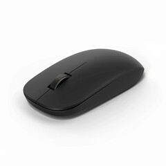 Sleek, black wireless computer mouse, angled view, showcasing smooth, minimalist design and subtle scroll wheel
