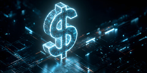 Futuristic glowing dollar sign rising from a digital technology circuit grid
