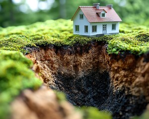 A small house sits atop a chasm in the earth