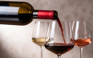 Pouring red wine into a glass, celebrating a special occasion with friends and family