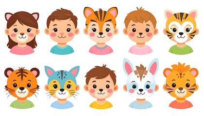 Cartoon children with animal face masks