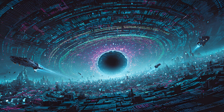 Futuristic sci-fi city facing colossal glowing black hole in deep space