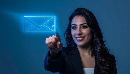 Businesswoman interacting with glowing neon blue holographic envelope icon