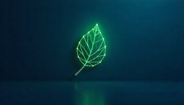 Vibrant neon green abstract leaf glows with modern digital network connections on dark background - Powered by Adobe
