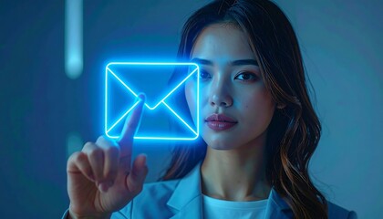 Futuristic neon blue hologram envelope icon touched by businesswoman hand
