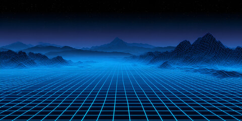 Futuristic digital grid landscape with flat glowing blue horizon