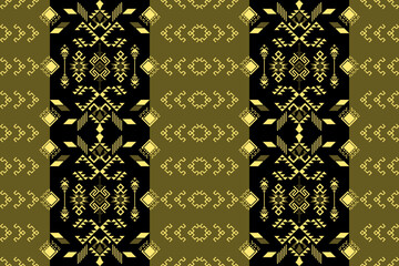 Ethnic geometric pattern on black background with gold ,yellow accents. Seamless ethnic motif with diamond and chevron shapes. Ideal for textile, wallpaper, fashion, tiles, vector illustration design.