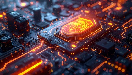 A close-up view of a glowing, intricate computer circuit board with orange light trails. Illustrates modern technology, data processing, and network connectivity