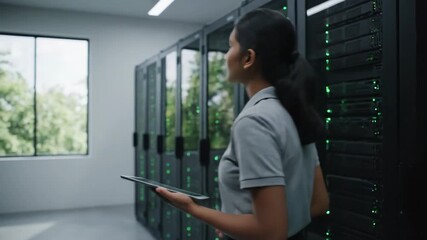Woman Monitoring Sustainable Server Energy Consumption - A young woman uses a tablet to monitor energy consumption data displayed as a futuristic graphic, standing in a modern server room filled with - Powered by Adobe