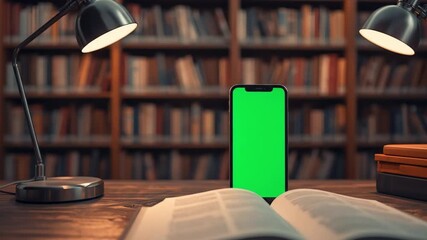 A smartphone with a green screen displayed on a wooden table in a cozy library with bookshelves - Powered by Adobe