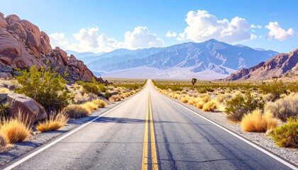 Open road through desert mountains