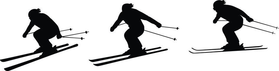 Silhouette illustration of skiers in action, extreme winter sports, downhill skiing, outdoor adventure activity, snow sport performance, alpine mountain competition vector design
